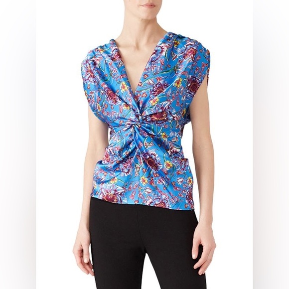 PRABAL GURUNG COLLECTIVE Floral Twist Front Satin Top Women’s size 12 in Blue - Picture 1 of 7